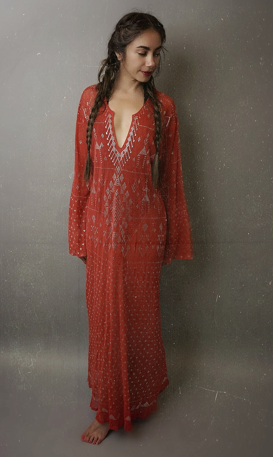 Vintage Appliqué Mesh Kaftan Dress
