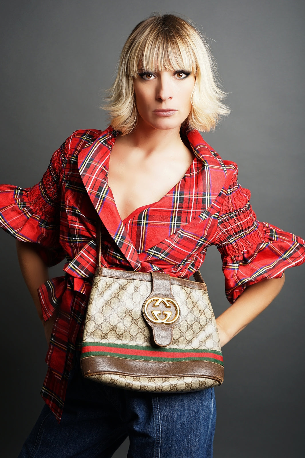 Victor Costa Tartan Plaid Puff Blouse