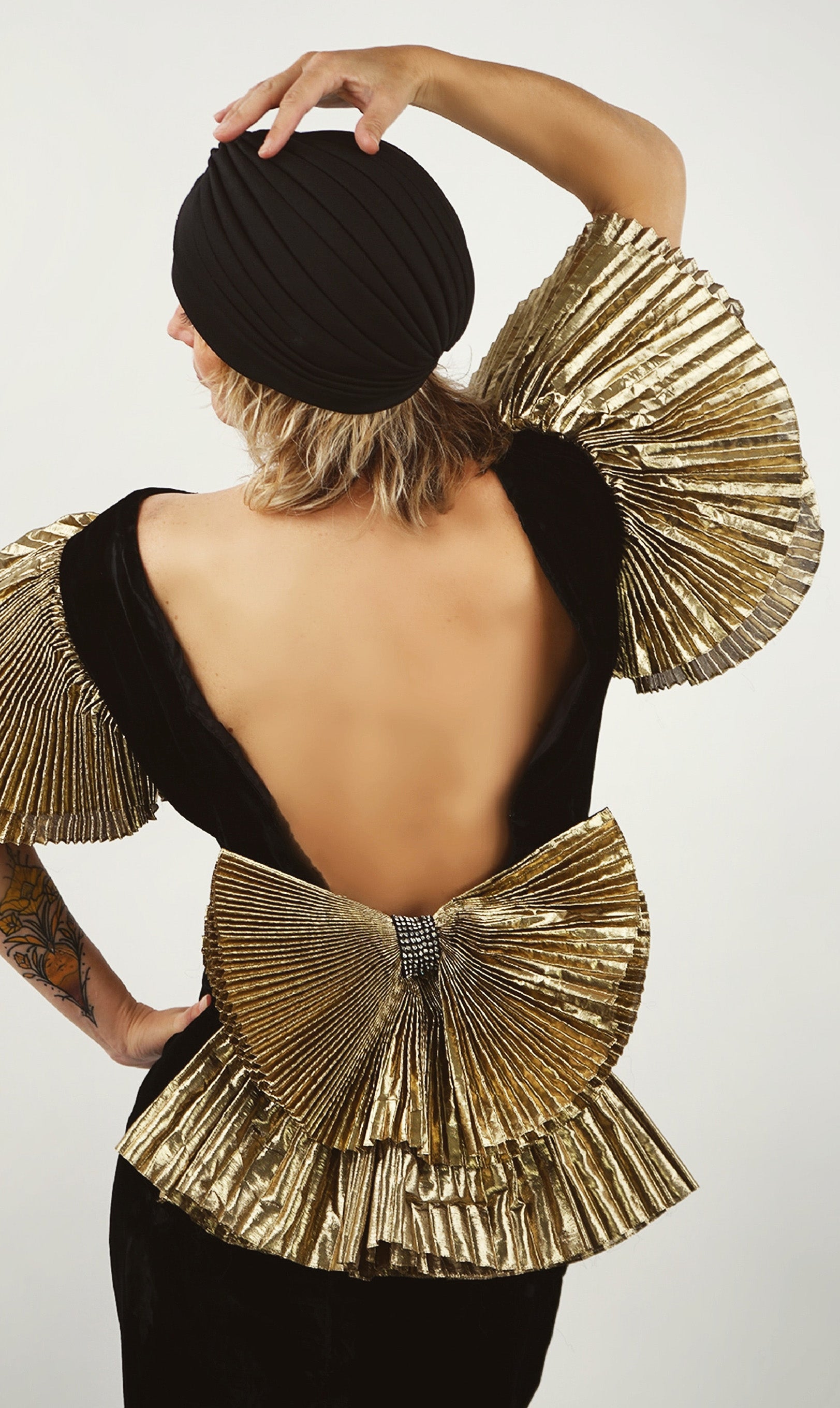 Vintage Neiman Marcus Gold Lam Pleated Sleeve Dress Camille Design SF Vintage Neiman Marcus Gold Lam Pleated Sleeve Dress Camille Design SF