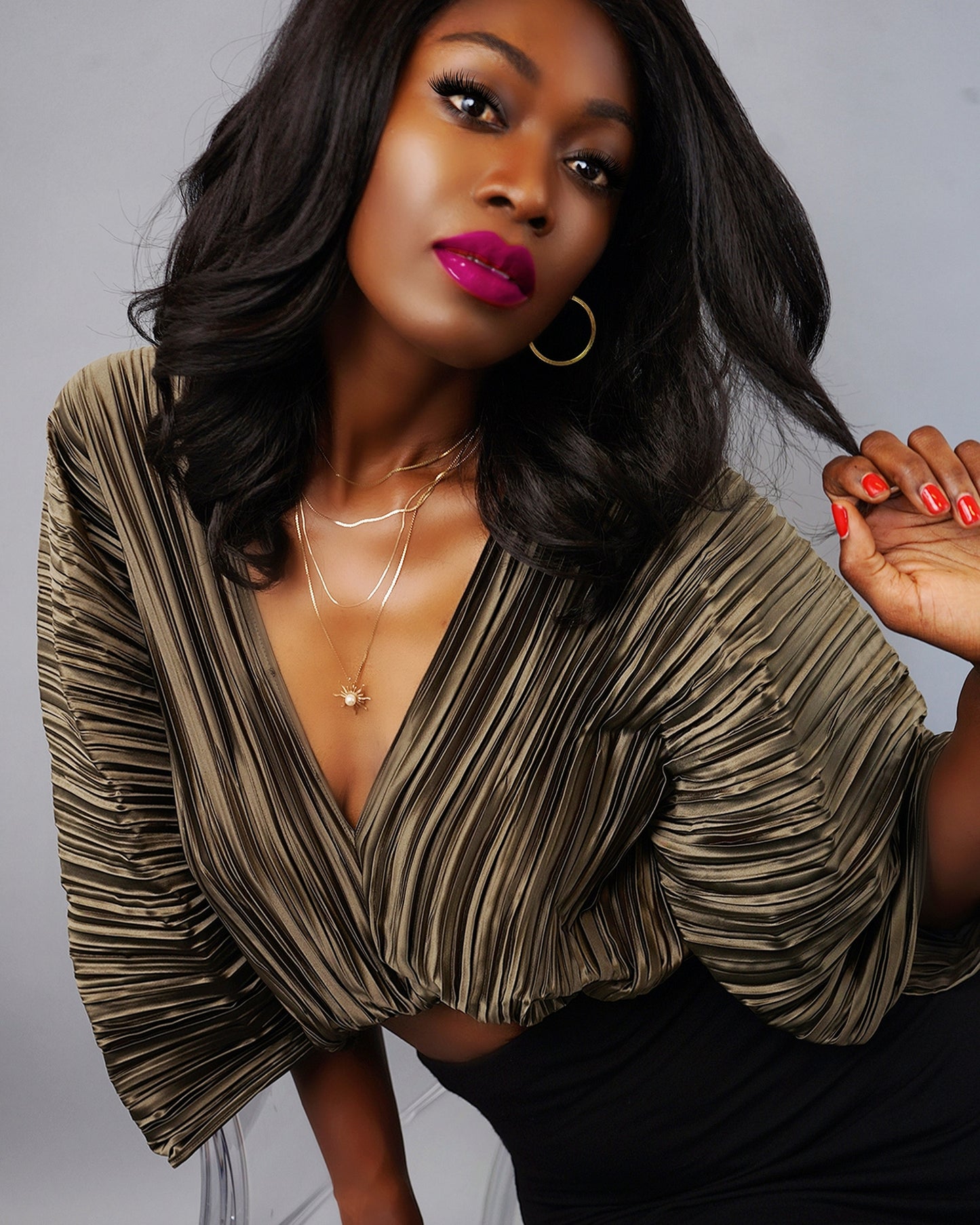 Origami Fan Sleeve Pleated Blouse