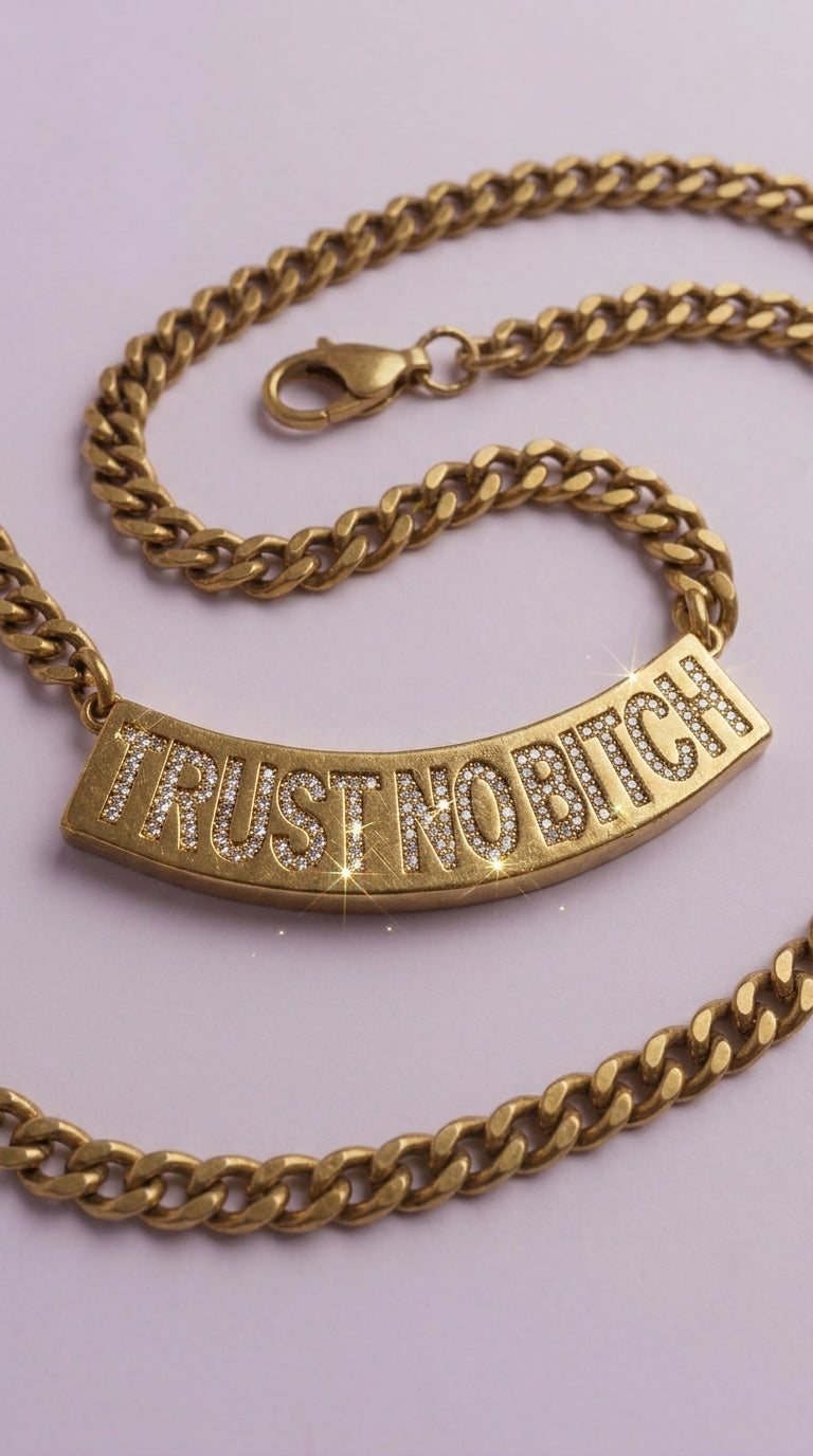 TRUST NO BITCH 14k GP Curb Chain Nameplate Necklace