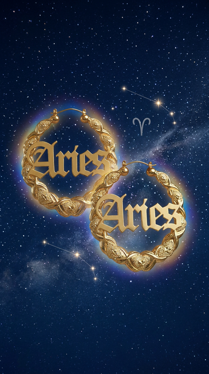 ZODIAC SIGN 14k GP Bamboo nameplate earrings *Customizable 2.5"