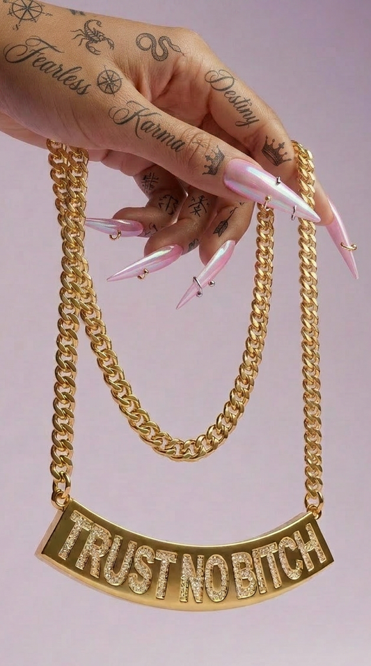 TRUST NO BITCH 14k GP Curb Chain Nameplate Necklace
