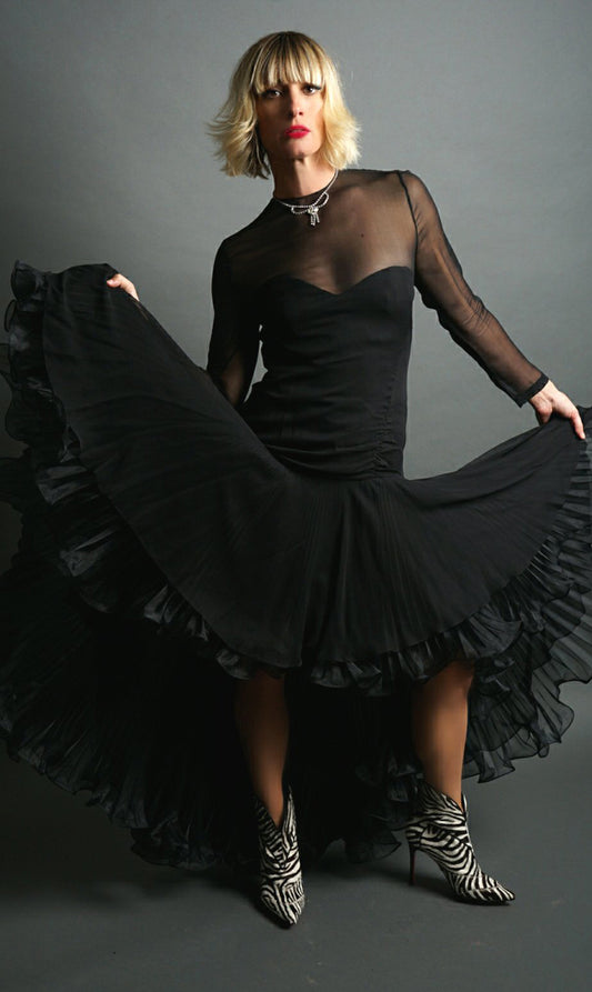 Vintage Black Silk Chiffon Gown - S
