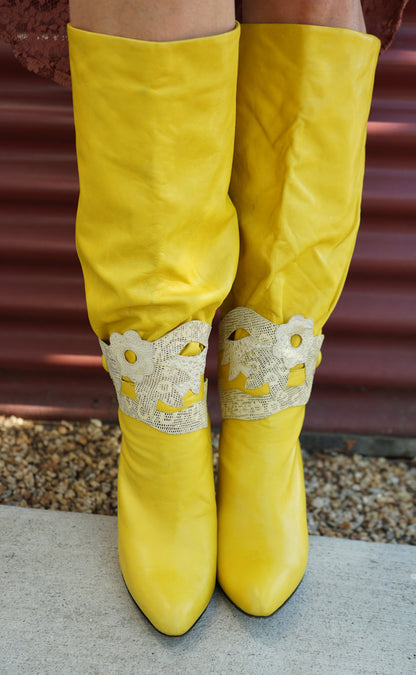 Vintage Yellow Lambskin Leather Boots - 6