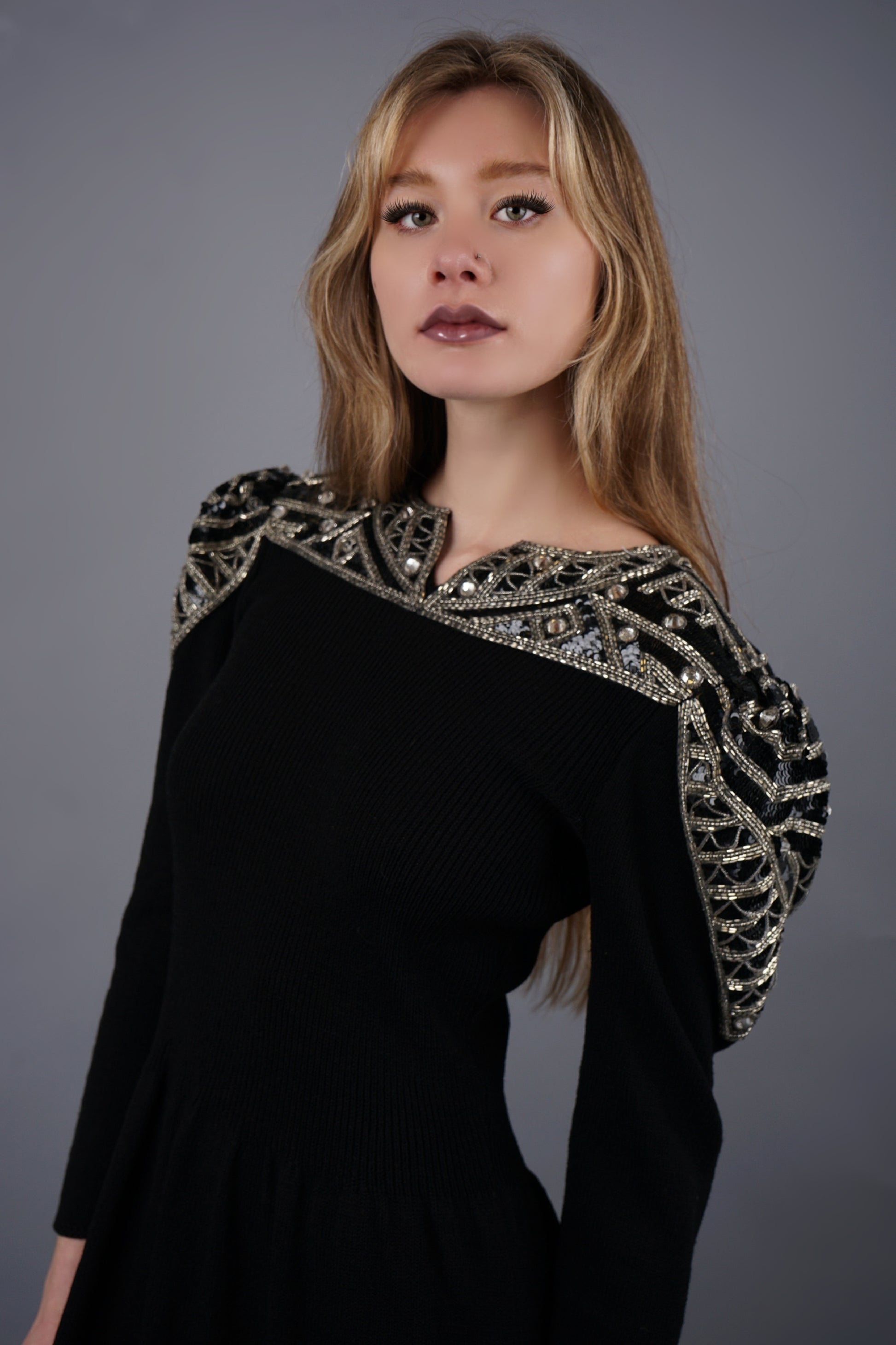 st john beaded dress St. John Knits Caviar/Oceana Blue Beaded Cocktail Dress