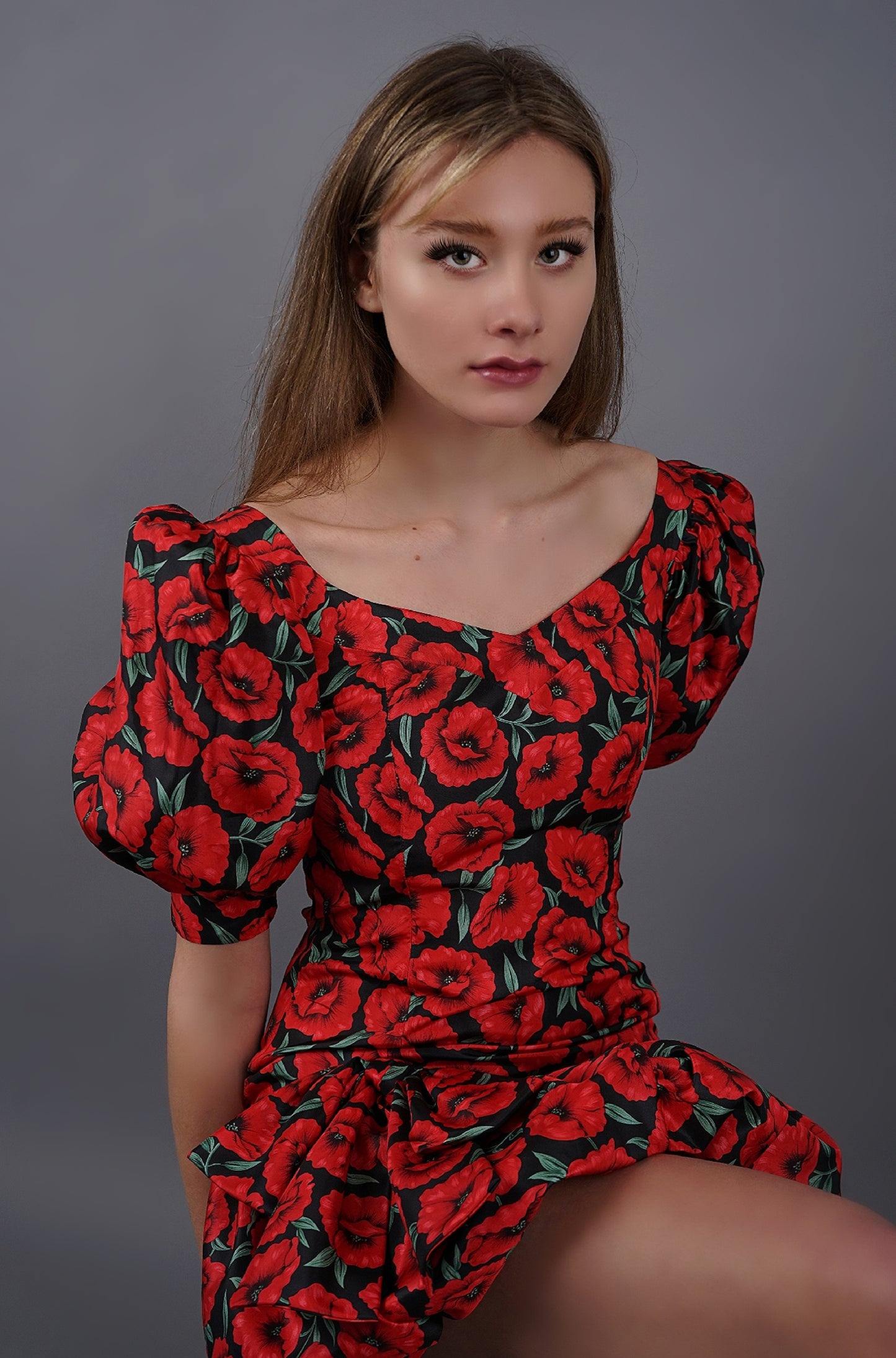 Vintage Red Poppy Print Puff Dress - S