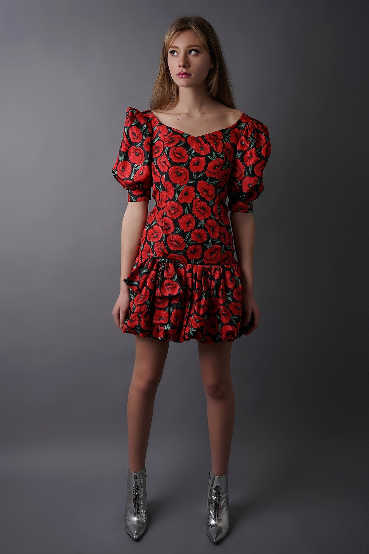 Vintage Red Poppy Print Puff Dress - S