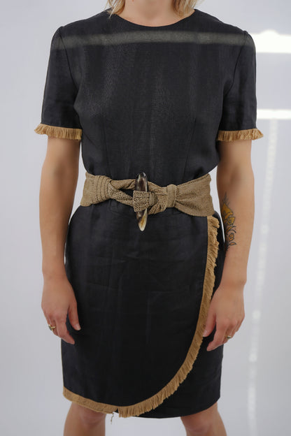Vintage Joan Leslie Black Linen Fringe Shift Dress - S