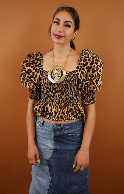 Vintage Leopard Puff Sleeve Blouse - S