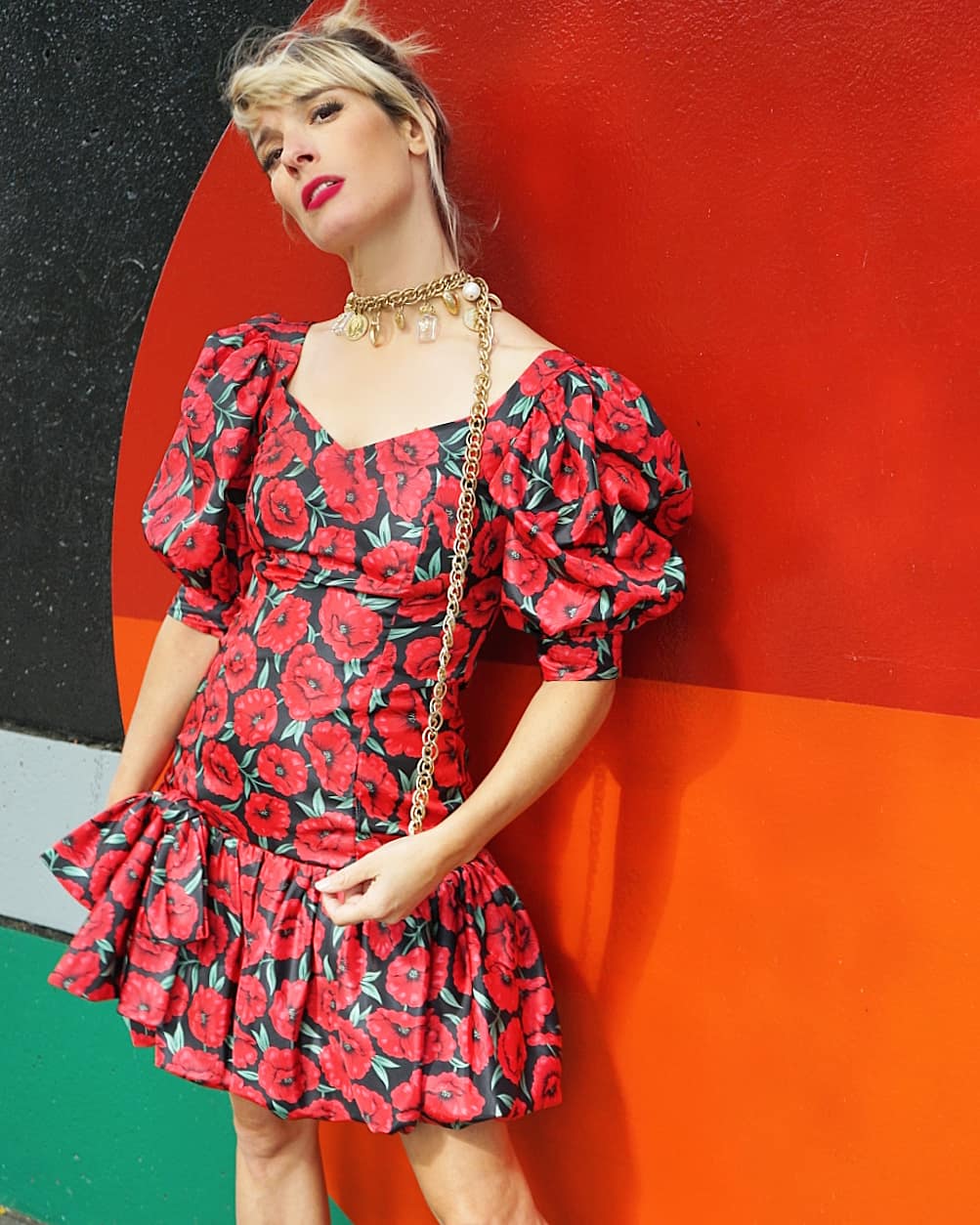 Vintage Poppy Puff Sleeve Dress - XS