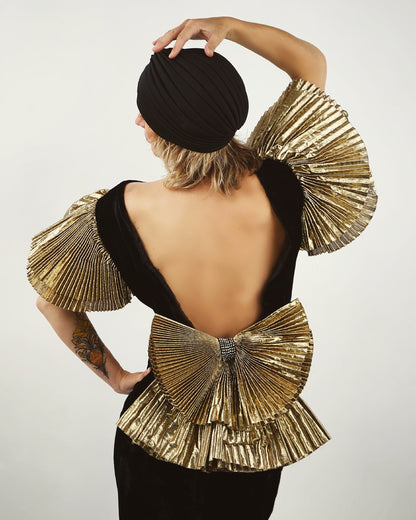 Vintage Neiman Marcus Gold Lamé Pleated Sleeve Dress